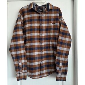 Public Record Mens Tan Navy Gray‎ Plaid Flannel L/Sleeve Cali Bear Shirt Sz L